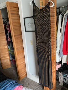 Black sexy see through Maxi Dress with Gold Studded Wave Design and side split